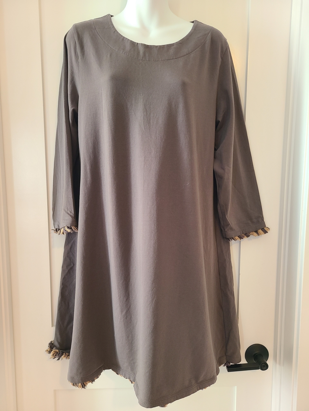 Spartina 449 Taupe Long-Sleeve Swing Dress with Fringe Trim